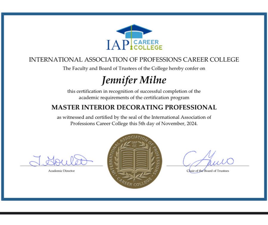 Master Interior Decorating Professional certification, issued November 2024.