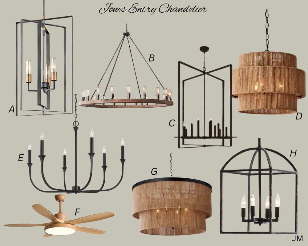 Jones entry chandelier sourcing board — four chandelier options including a rope-drum pendant.