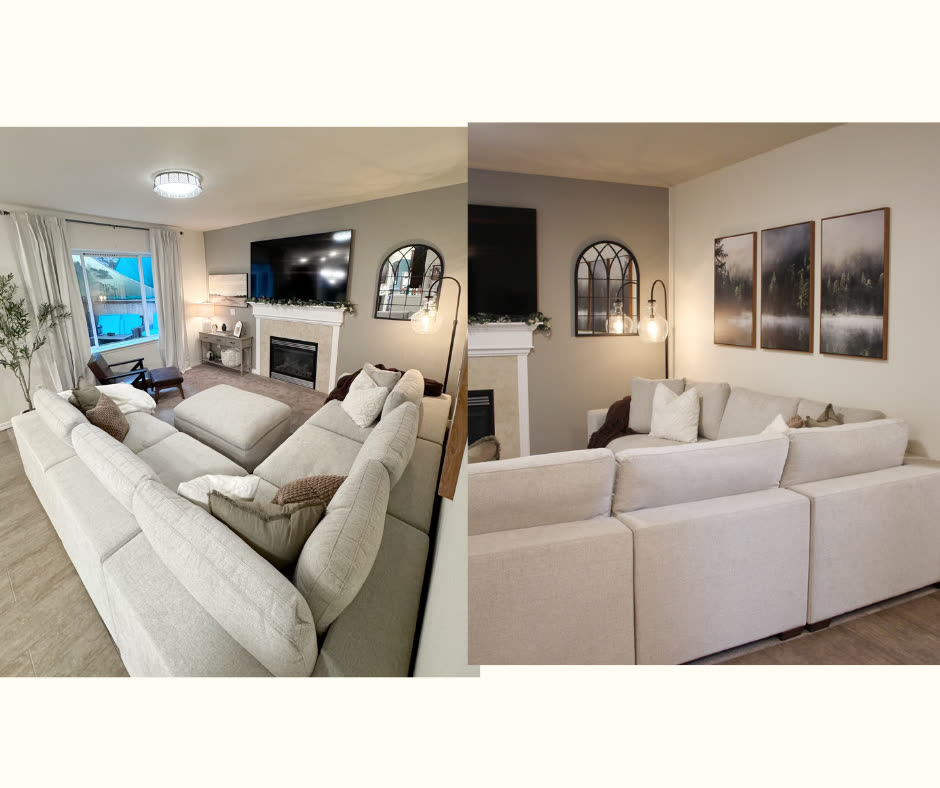 Lydon residence living room with refreshed fireplace and styled console.
