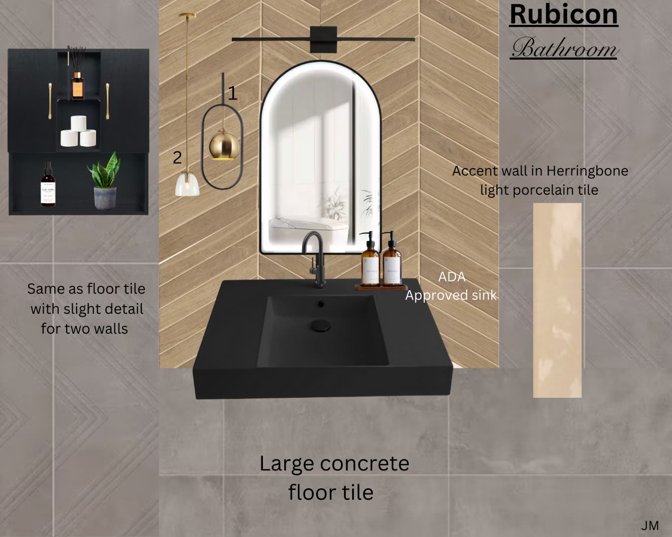 Rubicon ADA bath design board — chevron wood accent wall, arched LED mirror, black wall-mount ADA sink and herringbone porcelain tile.