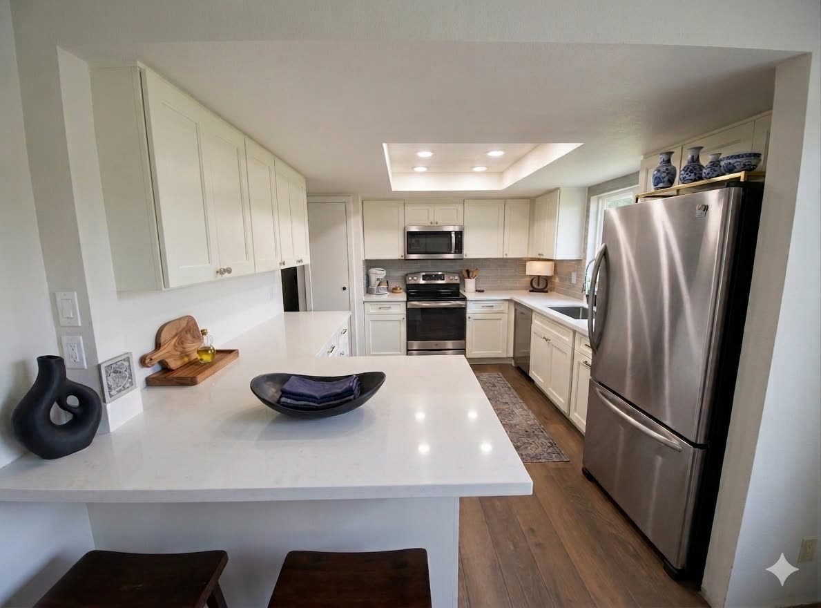 Yansy kitchen after remodel — off-white shaker peninsula, quartz top and the new dining room beyond through an arched opening.