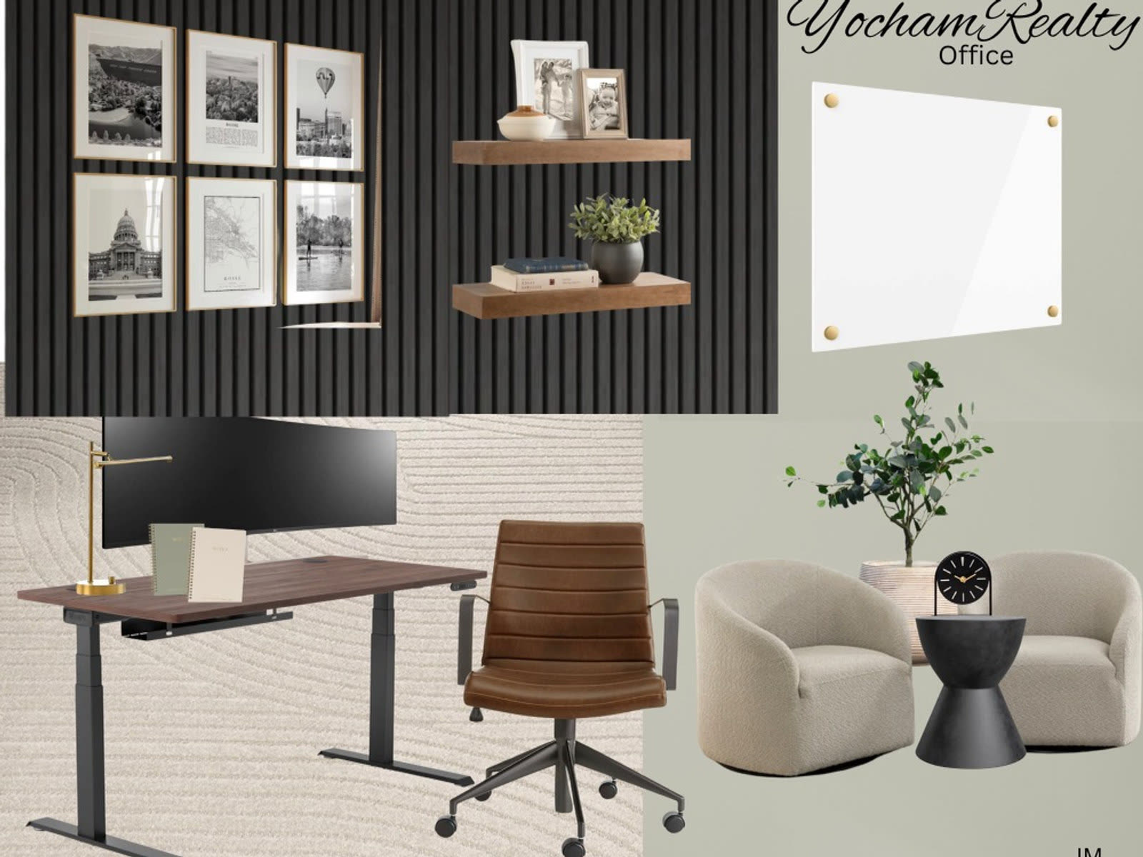Black slatted accent wall with floating wood shelf and gallery wall in Yochem Realty office.